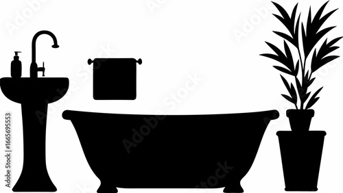 Silhouette of a bathroom interior with a sink, bathtub, towel rack, and potted plant in black