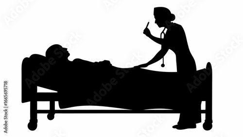 Silhouette of a nurse holding a syringe next to a patient lying in a hospital bed in black and white
