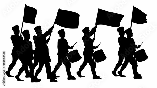 Silhouette of a marching band with flags and drums in uniform marching in a straight line formation image