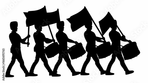 Silhouette of a marching band with drummers and flag bearers in a parade formation on white background