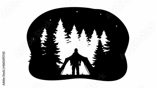 Silhouette of a camper standing in front of a tent surrounded by trees under a starry night sky