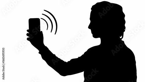 Silhouette of a person holding a phone with visible signal waves emanating from the device in black and white