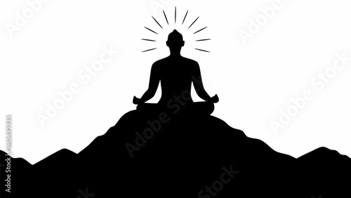 Silhouette of a person meditating on a mountain top with radiating light above their head in black and white