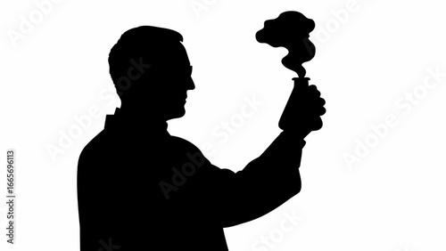 Silhouette of scientist holding flask with smoke coming out in a laboratory environment setting scene