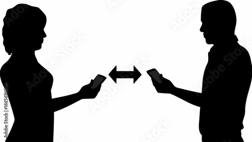 Silhouette of a woman and a man facing each other while holding smartphones with an arrow between them