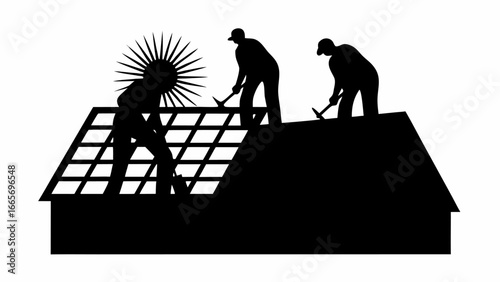 Silhouette of three workers repairing a roof with sunburst in the background in black and white design