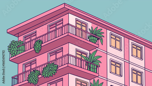 Pink apartment building illustration with balconies and plants, architecture and urban design style