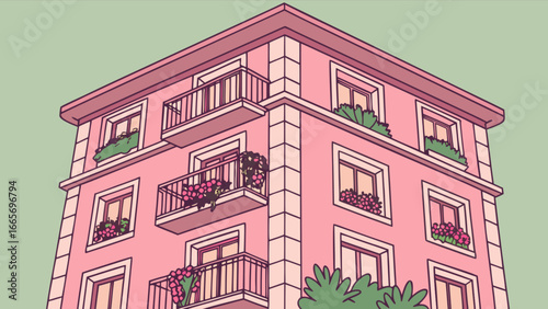Pink apartment building illustration with balconies and flowers, architecture design vector drawing art