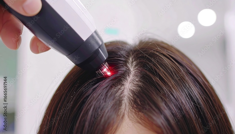 Fototapeta premium Close-up of a red light device applied to a person's scalp during a hair treatment