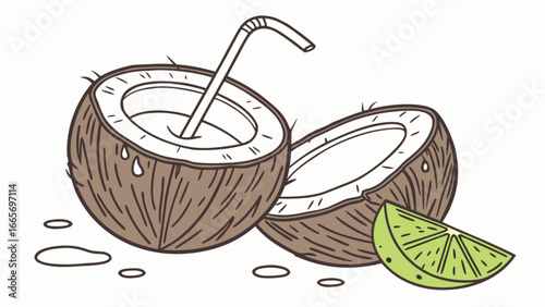 Fresh coconut drink with straw and lime slice vector illustration for summer and beach vibes design