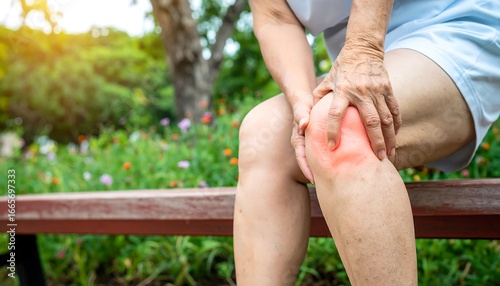 A person experiencing knee pain sits on a park bench, their hands holding and applying pressure to the inflamed area.