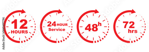 Red clock icons showing 12, 24, 48, and 72 hours, modern timer symbols for delivery, shipping, deadline, fast service, express time, schedule, countdown, business, and digital interface best designs.