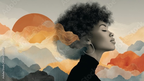 A woman with closed eyes merges into layered undulating patterns in earthy tones of orange, beige, gray, green, black,