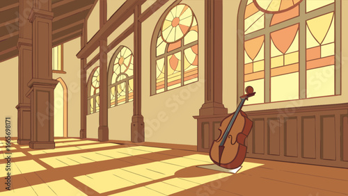 Illustration of cello in empty hall with stained glass windows and sunlight streaming through, art