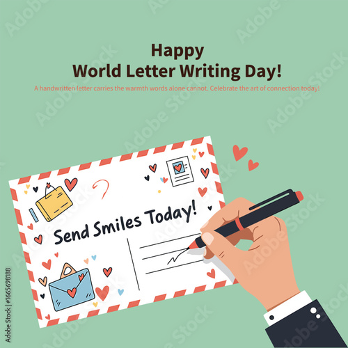 Hand writing a postcard to celebrate World Letter Writing Day with hearts and smiles