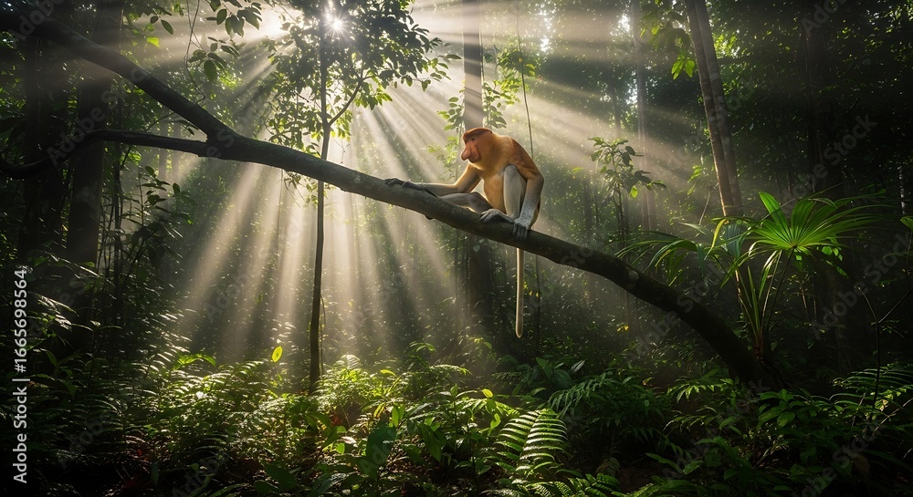 Fototapeta premium Proboscis Monkey in Sunlit Rainforest