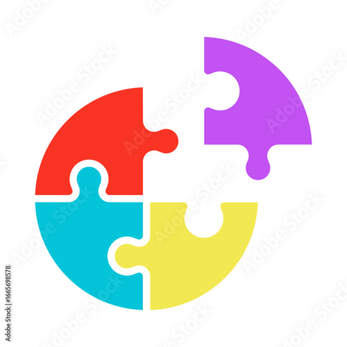 Four unfinished puzzle pieces. Jigsaw challenge, circle shaped. Join together. Strategy game. Connect the parts isolated outline vector illustration. Monochromatic dot illustration