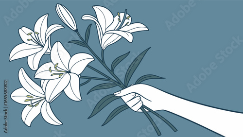 Hand holding bouquet of white lilies vector illustration floral design elegant flower art drawing 95 char
