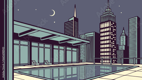 Cityscape rooftop pool at night with skyscrapers and moon illustration for travel and architecture lovers