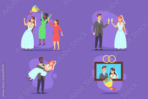 Joyful collection showcasing various moments from wedding event. Guests celebrating while couple sharing toast, highlighting happiness of occasion