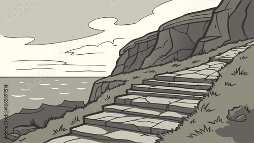 Illustration of stone steps leading to a cliffside ocean view for travel and nature enthusiasts