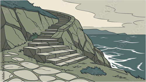 Seaside stone steps path leading to the ocean scenic view landscape illustration drawing art 95