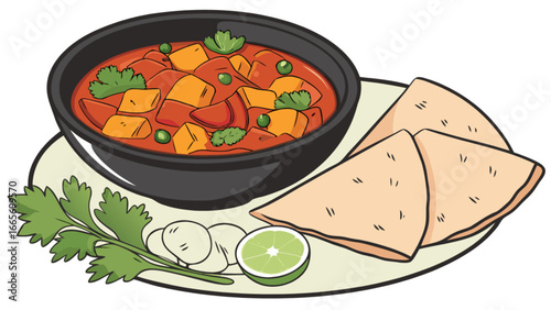 Delicious paneer butter masala recipe with naan bread, indian food illustration, curry and cilantro dish