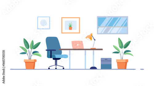 Illustration of modern home office setup with desk, chair, laptop and plants for remote work setup