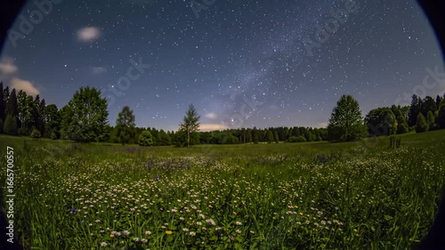 Fisheye view of a flowered meadow under a starry sky with clouds and treeline