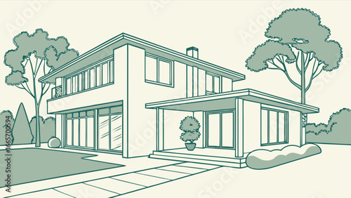 Modern house design illustration with garden and trees for real estate and architecture projects vector art