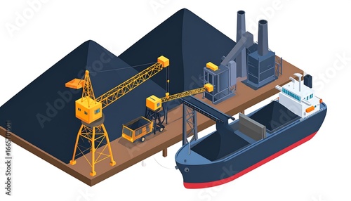 An isometric illustration of a coal loading port, depicting a cargo ship, cranes, and a processing facility.