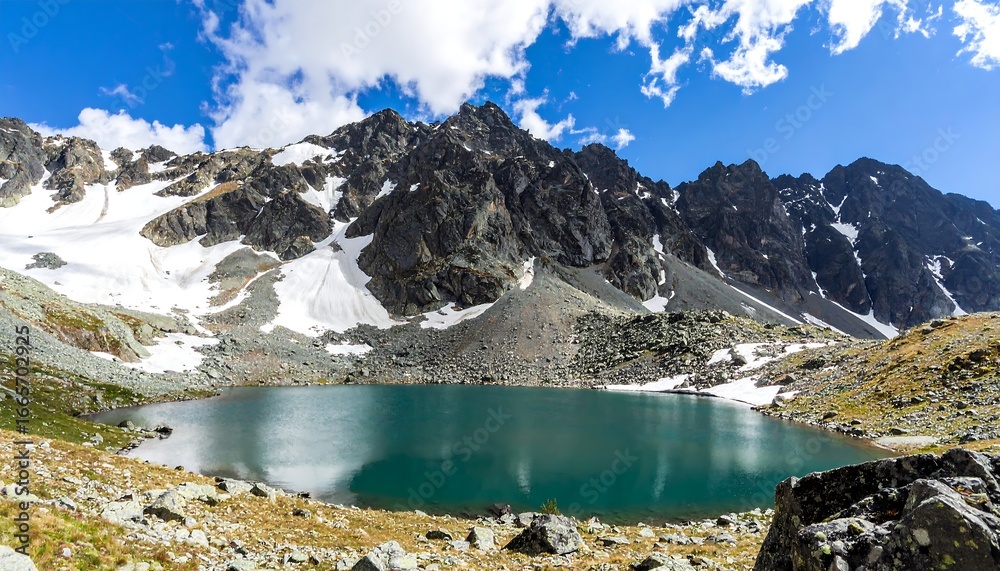 Naklejka premium Alpine lake nestled amongst jagged peaks under a partly cloudy sky.