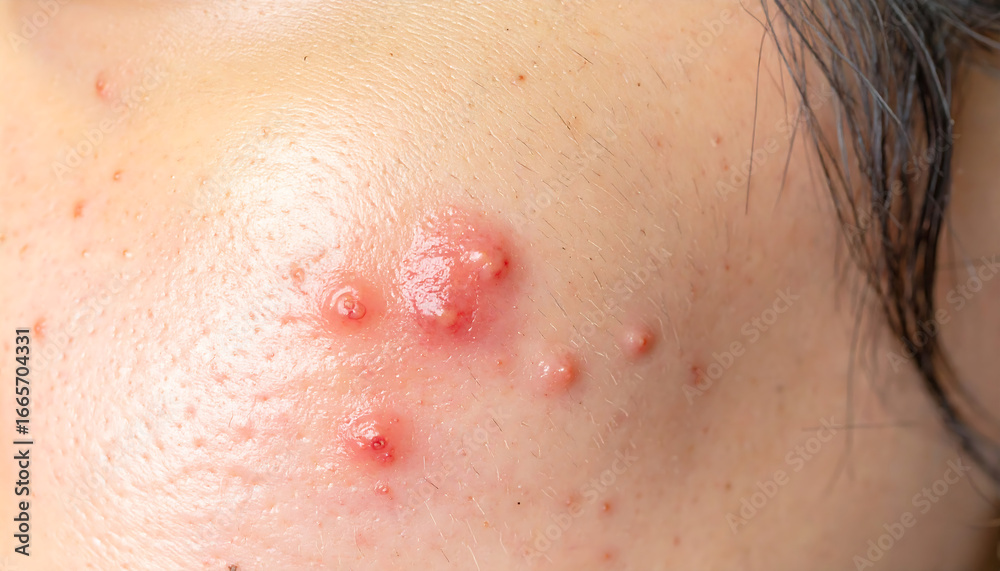 Fototapeta premium Close-up macro shot of acne breakouts and inflamed pimples on human skin, showing texture and redness