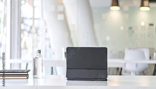 Minimalist White Desk with Laptop Tablet and Books in Modern Office