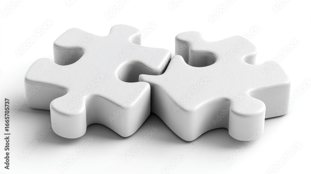 Fototapeta premium Two white puzzle pieces interlocked, isolated on white background