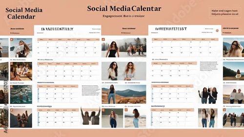 A peach-colored social media calendar with various images and calendar grids displayed