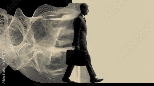 A professional man in a suit walks forward with a briefcase under his left arm,