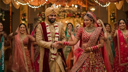 Happy couple in ethnic attire at their wedding, surrounded by joyous dancing guests