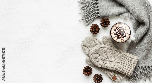 Cozy winter scene with hot chocolate, mittens, and a blanket.