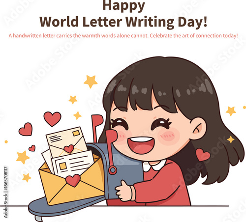 Cute cartoon girl celebrating World Letter Writing Day with love letters and a mailbox