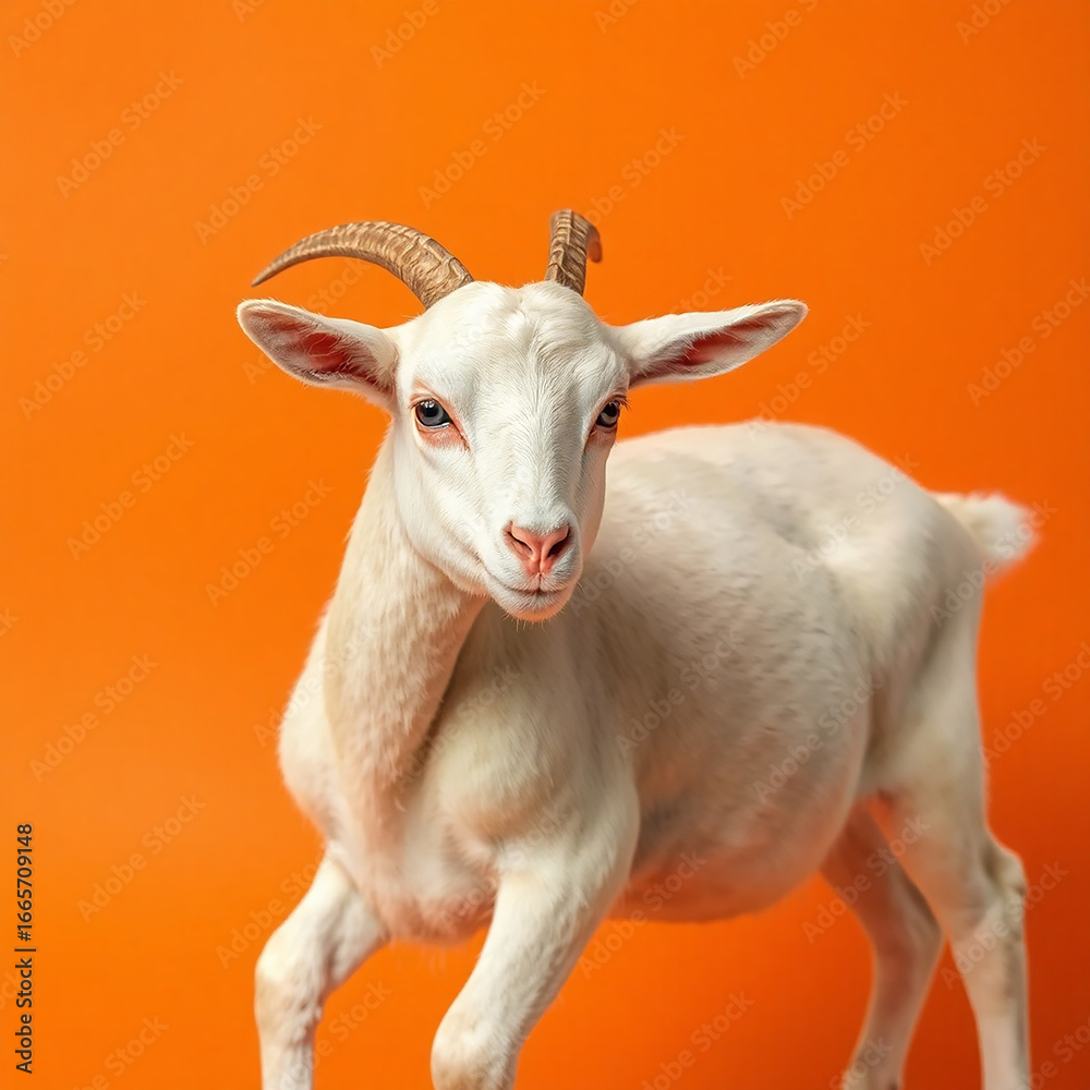 Fototapeta premium A Pristine White Goat Strikes a Pose Against a Vibrant Orange Backdrop in Studio