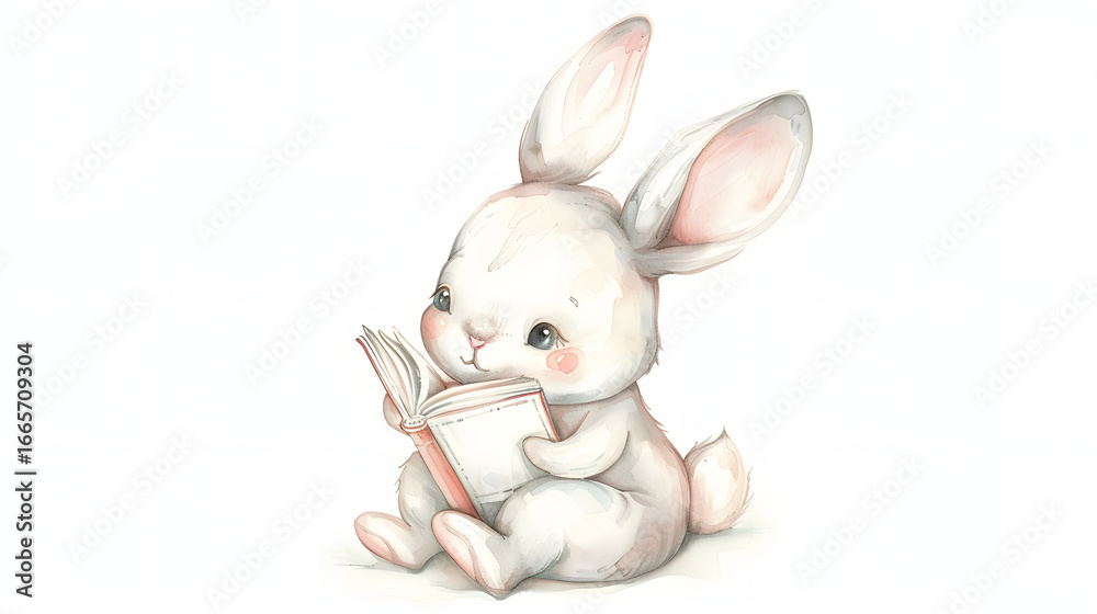 Obraz premium watercolor painting cute baby bunny sitting reading book