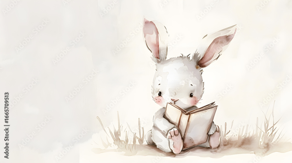 Obraz premium watercolor painting cute baby bunny sitting reading book