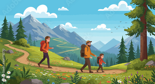 Family Hiking Adventure in the Mountains on a Sunny Day
