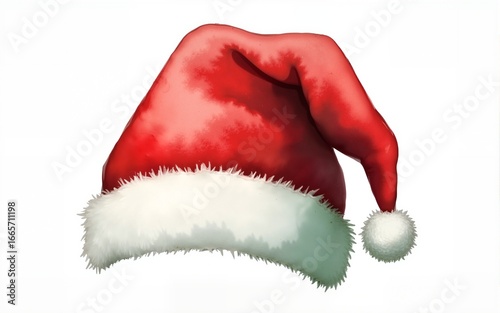 Watercolor Christmas hat Illustration. This image is perfect for christmas cards or invitations. A winter holiday hat in watercolor art with red and green colors. High quality