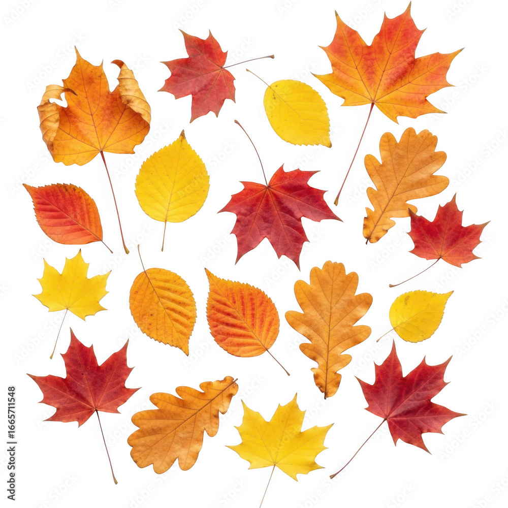 Fototapeta premium Collection of autumn leaves in various colors isolated on transparent background