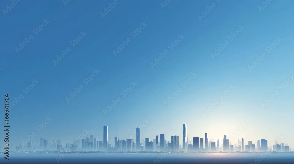 Naklejka premium Urban skyline at sunrise cityscape digital art calm atmosphere wide view modern aesthetics