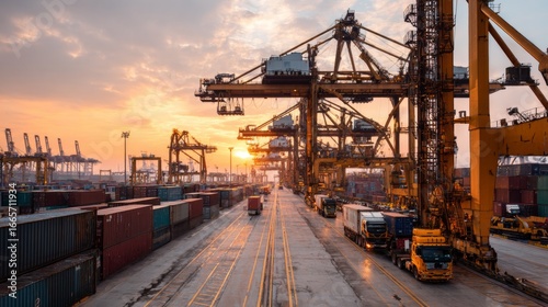 Sunset over busy port shipping containers and cranes industrial landscape urban view