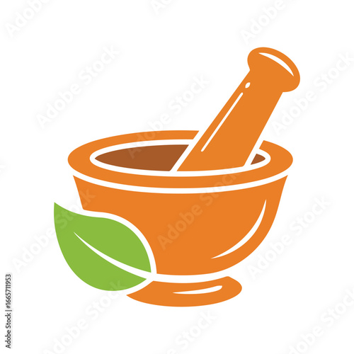 Mortar and pestle with leaf herbal medicine preparation natural remedy apothecary tool health icon