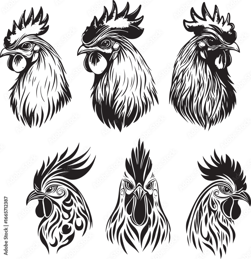 Obraz premium Rooster and hen vector tattoo illustration with tribal bird design.